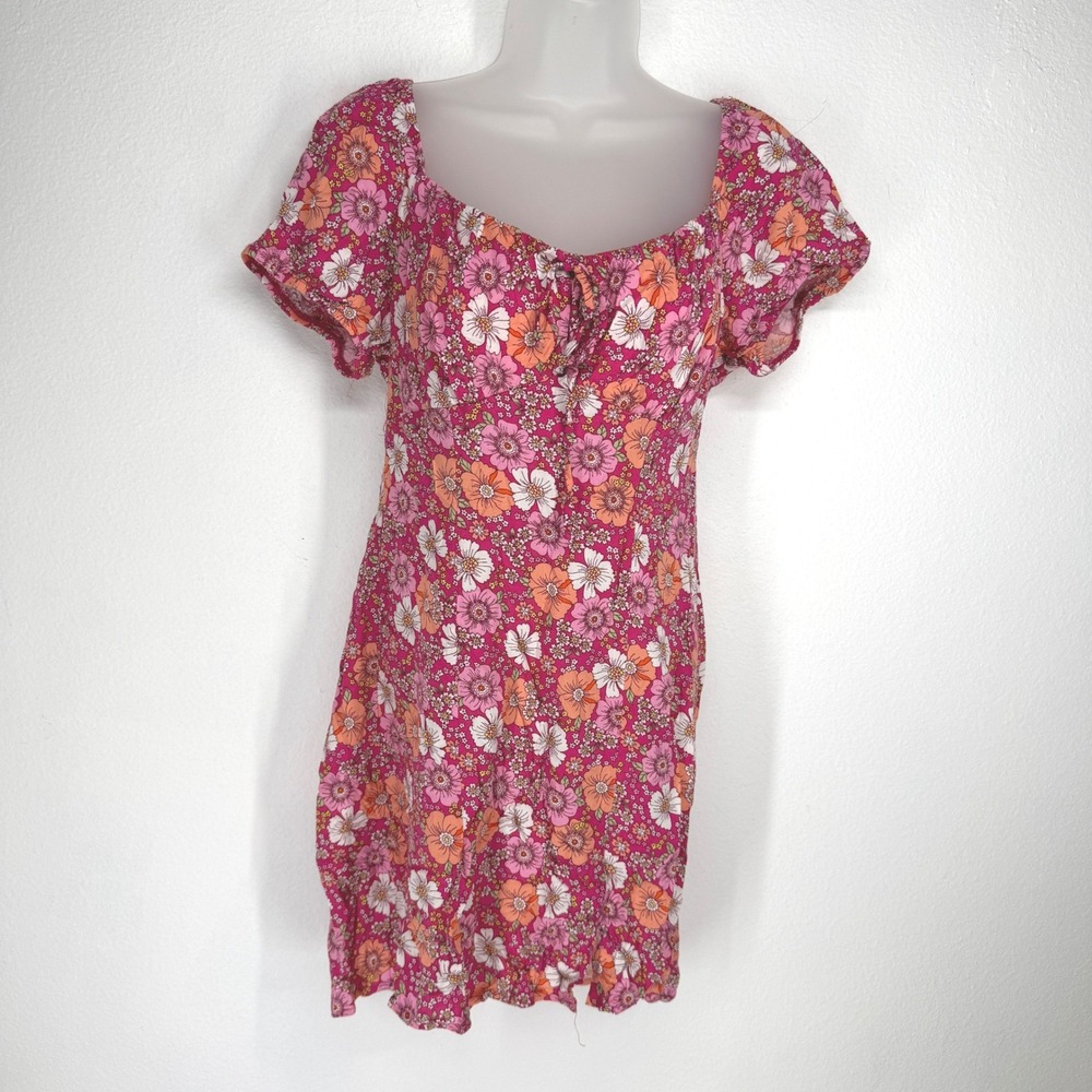 Vintage Y2K Milkmaid Babydoll Ditsy Floral Mini Dress Womens Size M Pink Retro